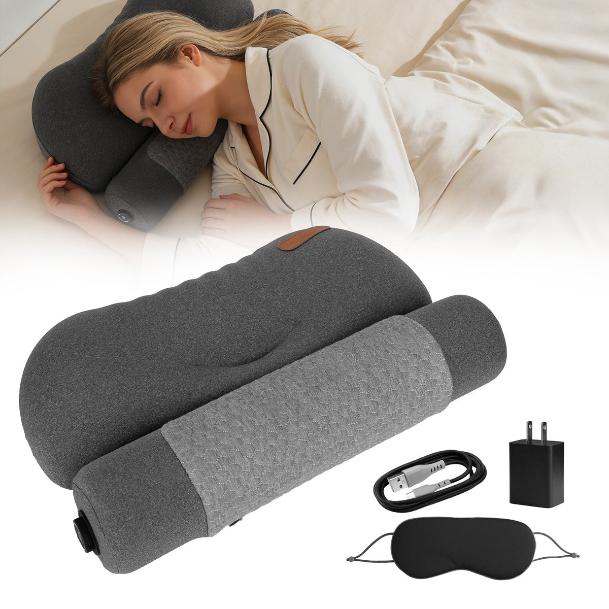 USB Heated Neck Pillow Zero Pressure Memory Foam Cervical Neck Pillow Heated Bed Pillow with Eye Mask Adapter for Pain Relief