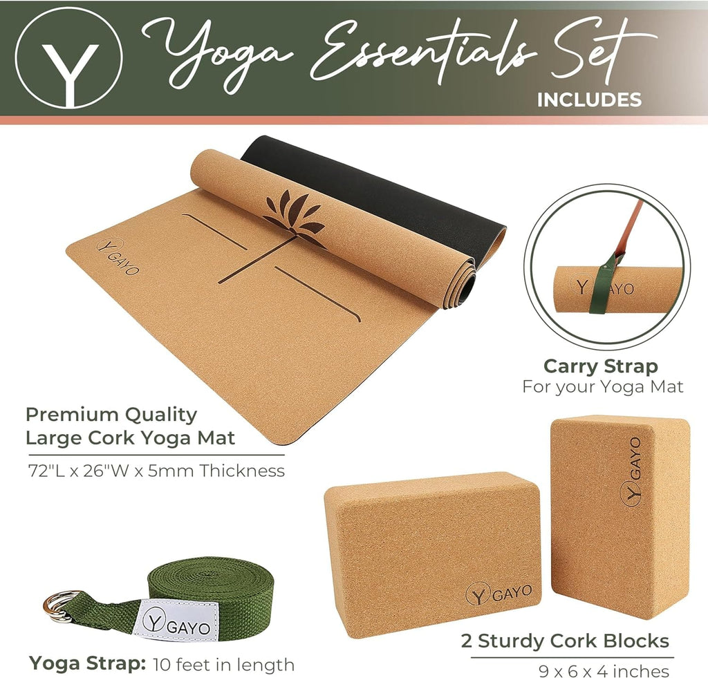 Premium Cork All-in-One Yoga Essentials Kit -Large Cork Yoga Mat and Blocks Set