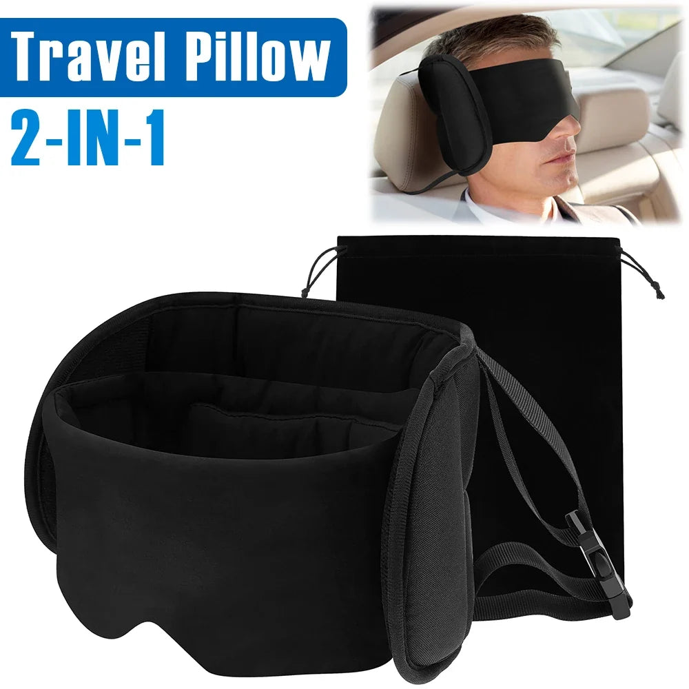 2 In 1 Travel Pillow Cotton Comfortable Neck Headrest with Eye Mask and Storage Bag 360° Support Airplane Pillow for Travelling