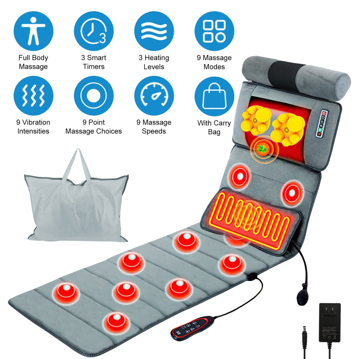 Full Body Electric Massage Mat with Heat Vibration Massage Pad Cushion Back Massage Mattress Chair Pad with Neck Massager Lumbar Pillow with 10 Vibrat