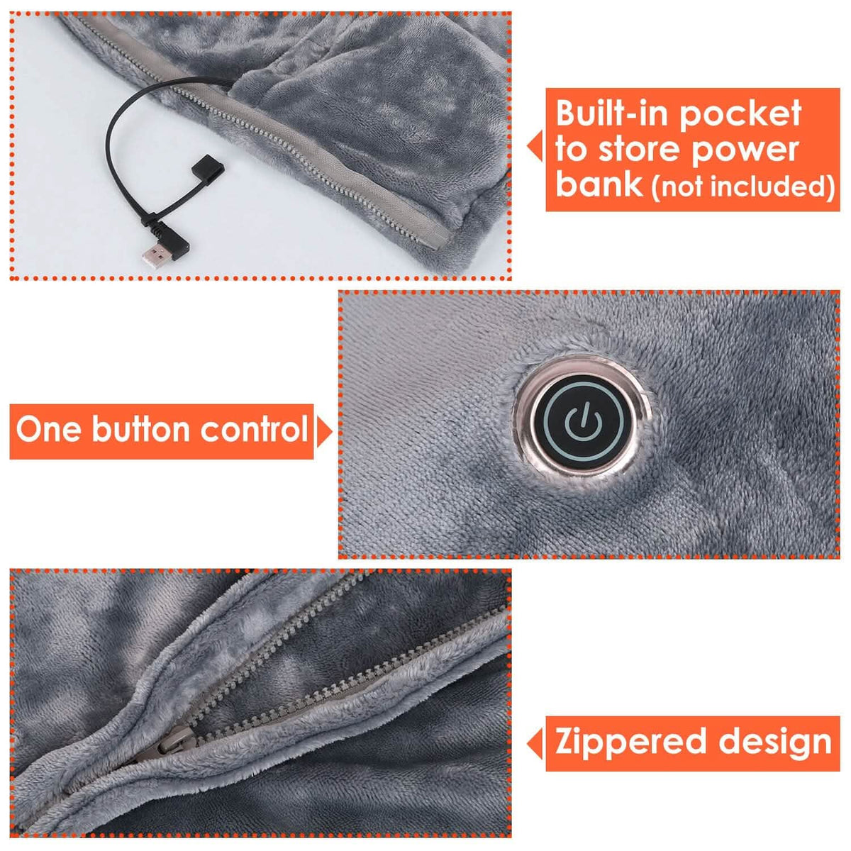 USB Heated Blanket Poncho Shawl Wrap Throw with Zipper Washable